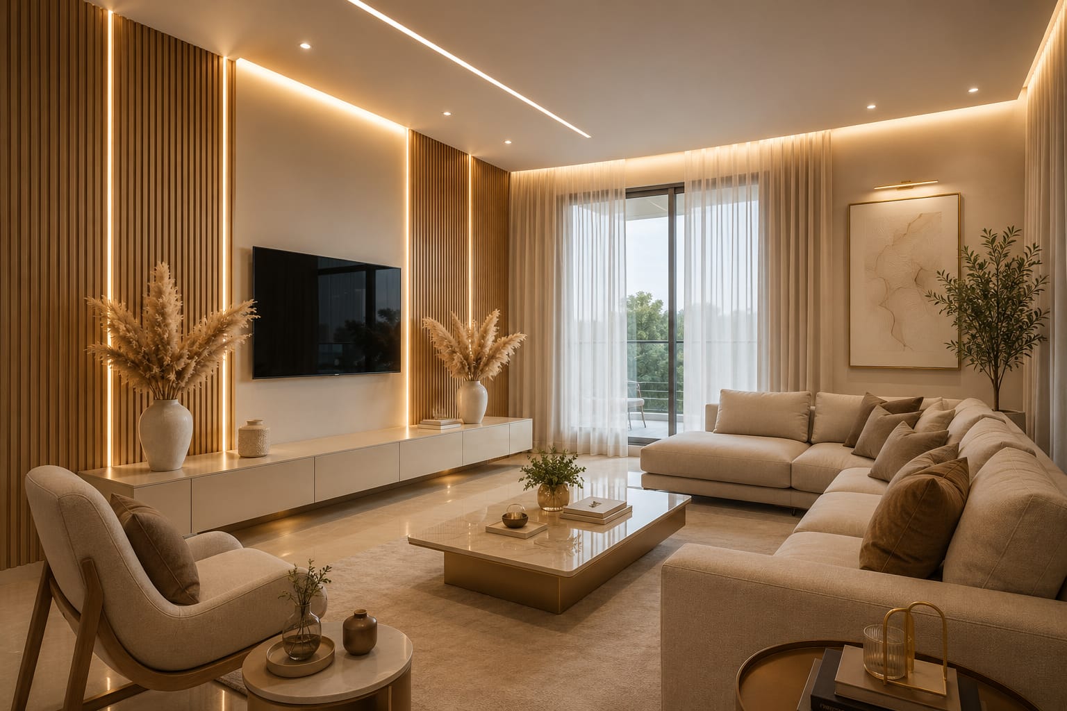 Sala de estar planejada com painel ripado e iluminação quente